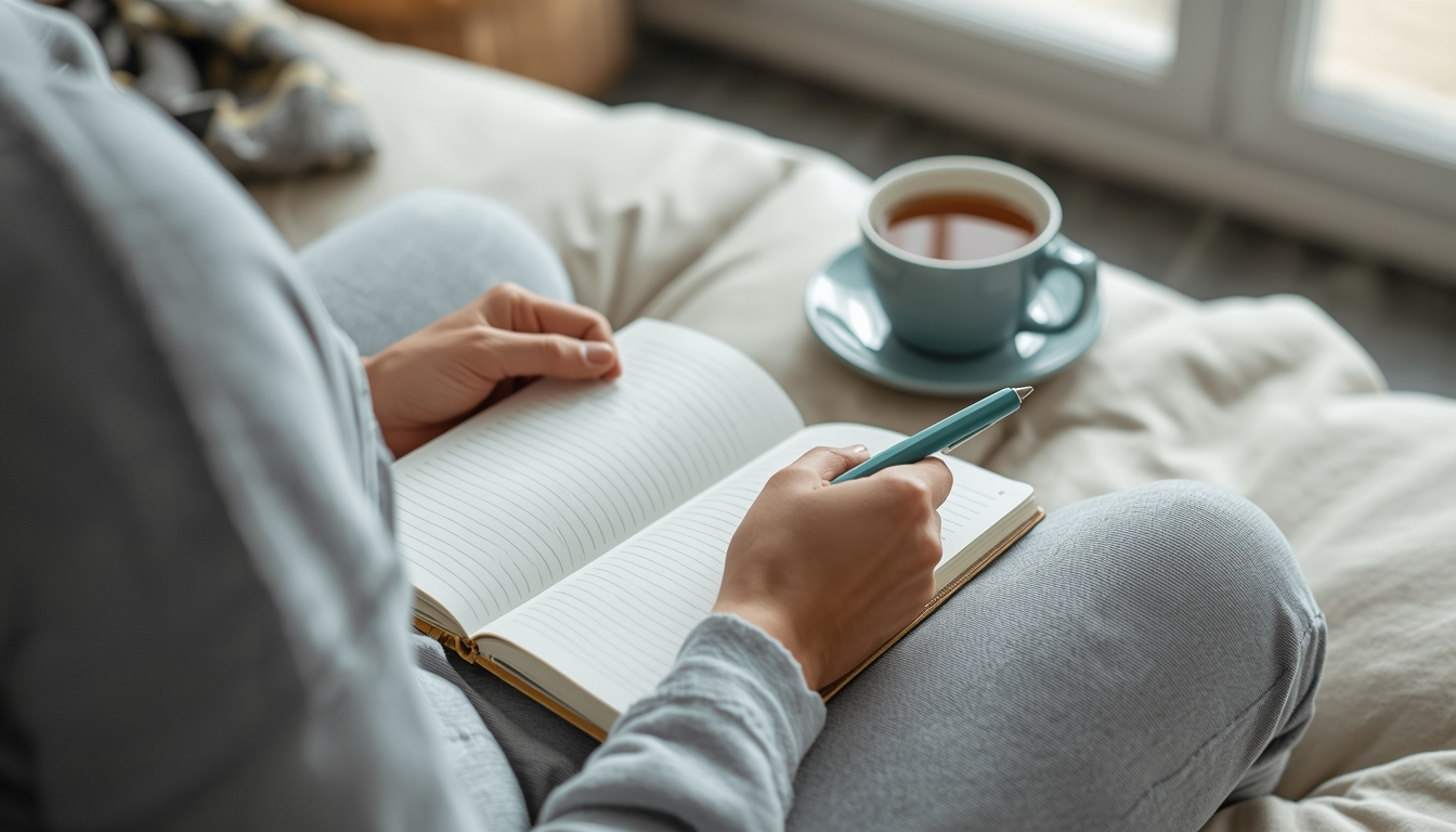 Person practicing mindful morning routine with journal and tea