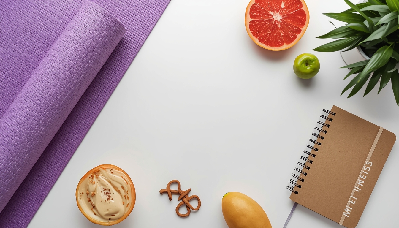 Balanced wellness elements including yoga mat, healthy food, and mindfulness journal