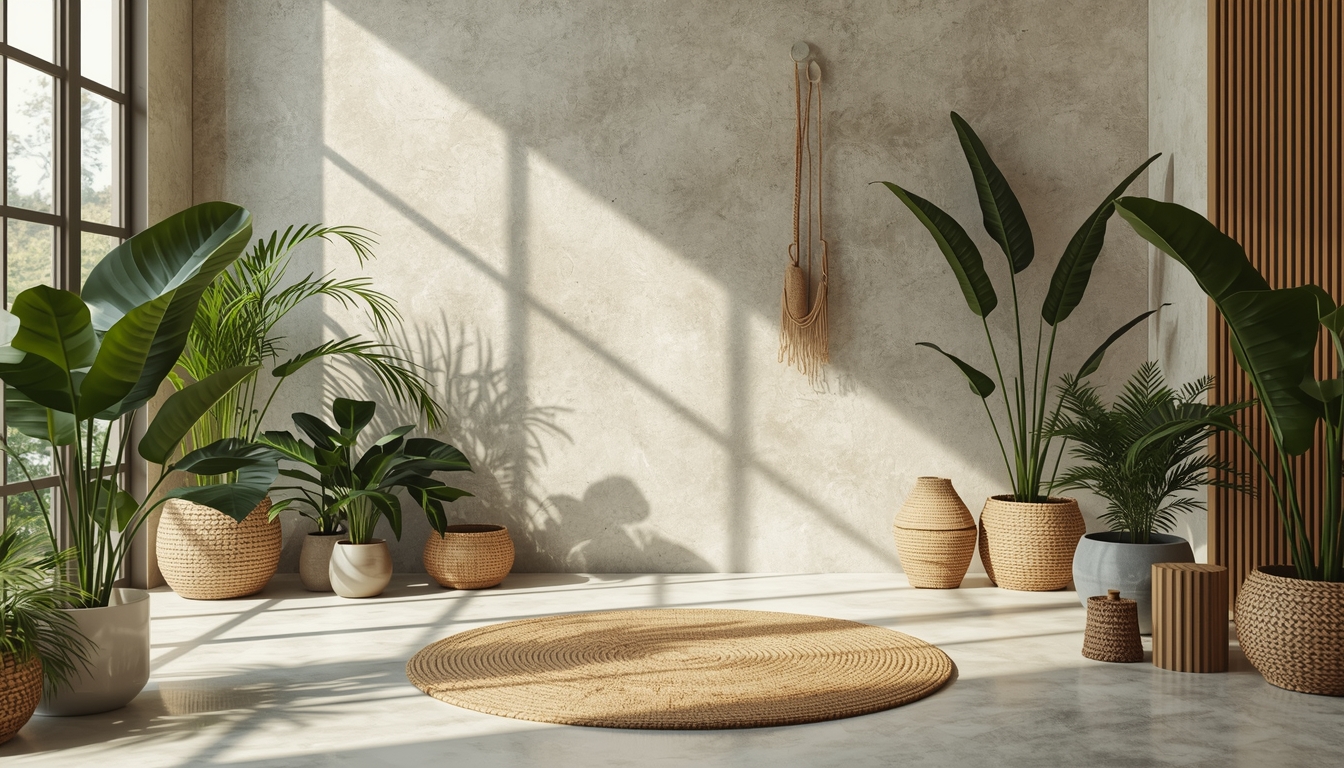Serene wellness scene with meditation space, plants, and natural light